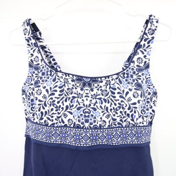Lands End Navy Blue Pattern Swim Tankini Top Underwire Scoop Neck Size 8 - Picture 2 of 8